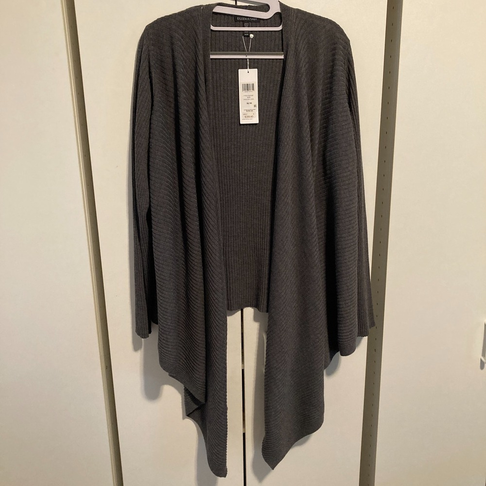 Eileen Fisher Bark Cardigan, Ribbed Wool Angle Front ,Size Medium, F7RCE-K4326M
